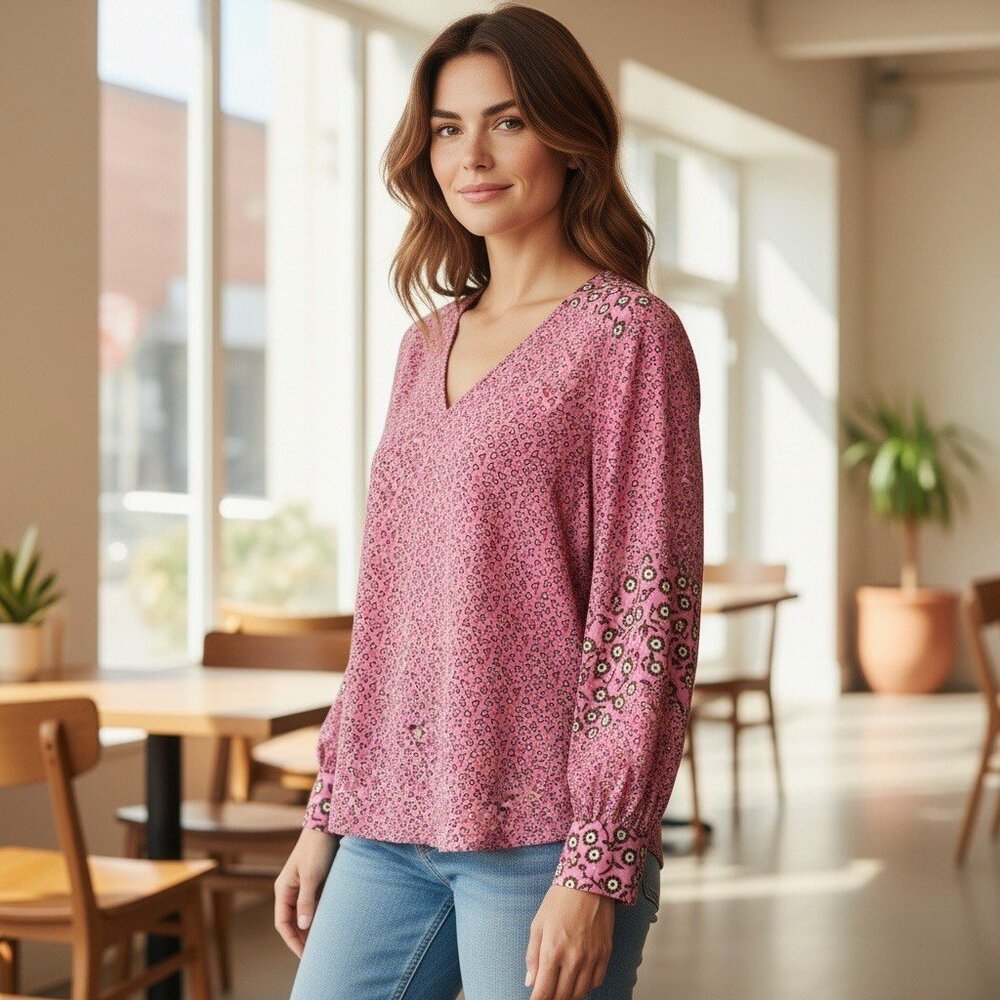 Boden US 12 UK 16 Shirt Pink White Green Floral Long Sleeve Button Up Top V-Neck - Picture 1 of 7